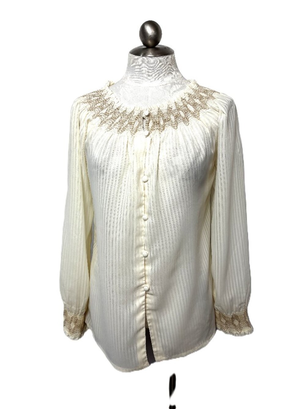 VTG Chessa Davis Soutache Striped Ivory Long Sleeve Button Retro Top Blouse Sz M
